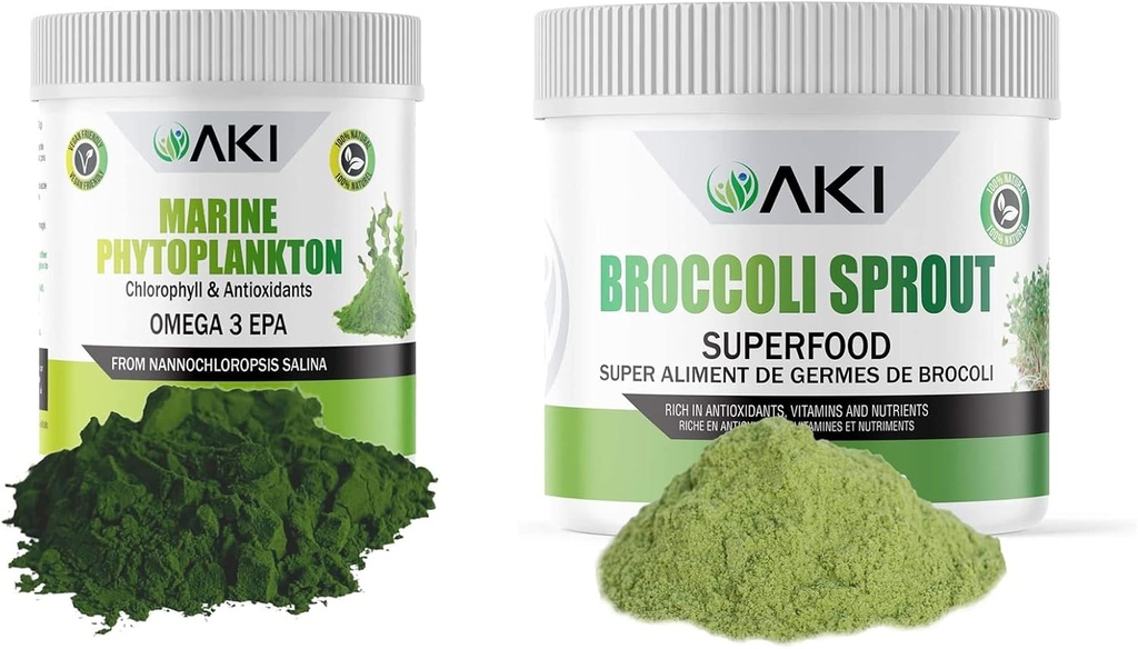 AKI Broccoli Sprout Powder (5.29oz / 150g) και Marine Phytoplankton Powder (2 Oz / 57G) - Πρωτεΐνες με βάση το φυτό & Ιδανικές σε Βιταμίνες 