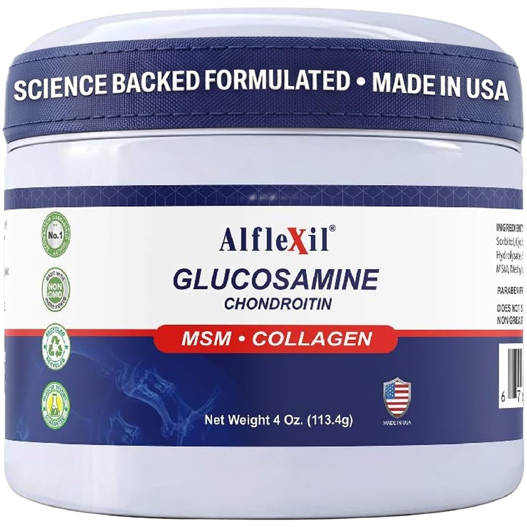 ALFA VITAMINS Alflexil Glucosamine Plus Chondroitin Cream with MSM & Collagen, Υποστηρίζει υγιείς αρθρώσεις, αρθρώσεων & μυών ανακούφιση, βελτιώνει την κινητικότητα, γρήγορη απορρόφηση, και ενυδατώνει το δέρμα, 4 Oz.