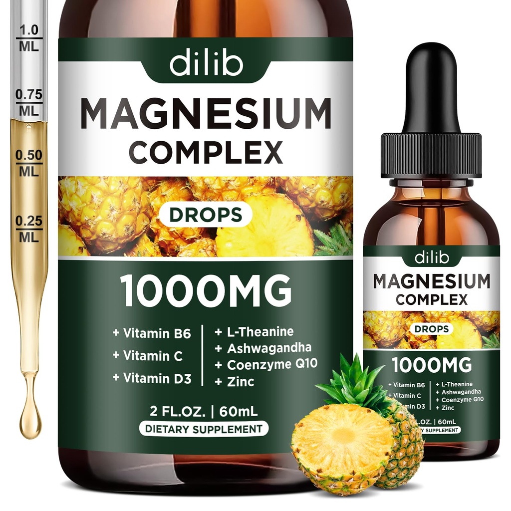Triple Magnesium Complex Supplement, Μαγνήσιο Γλυκινικό, Blend, Κιτρικό Υγρές σταγόνες 1000mg με Ashwagandha, CoQ10, Βιταμίνη B6, C, D, Ψευδάργυρος - Vegan Ανανάς Γεύση Γεύσης