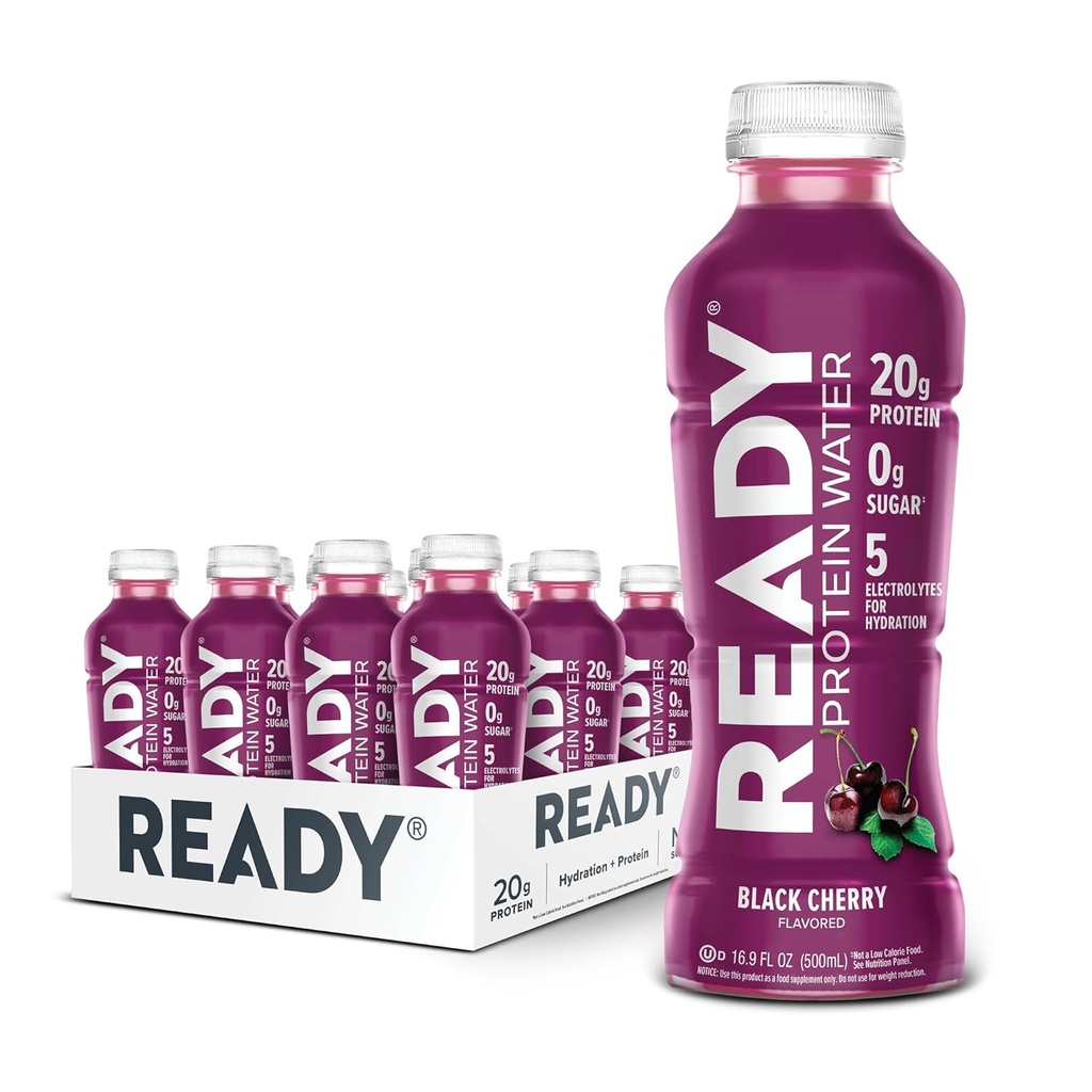 Ready® Protein Water – 20g Whey Protein Isolate, Zero Sugar, Low-Calory Sports Drink for Hydration & Recovery – Ηλεκτρόλυτες, Απαραίτητα Αμινοξέα – Black Cherry, 16,9 fl oz Μπουκάλια (12-Pack)