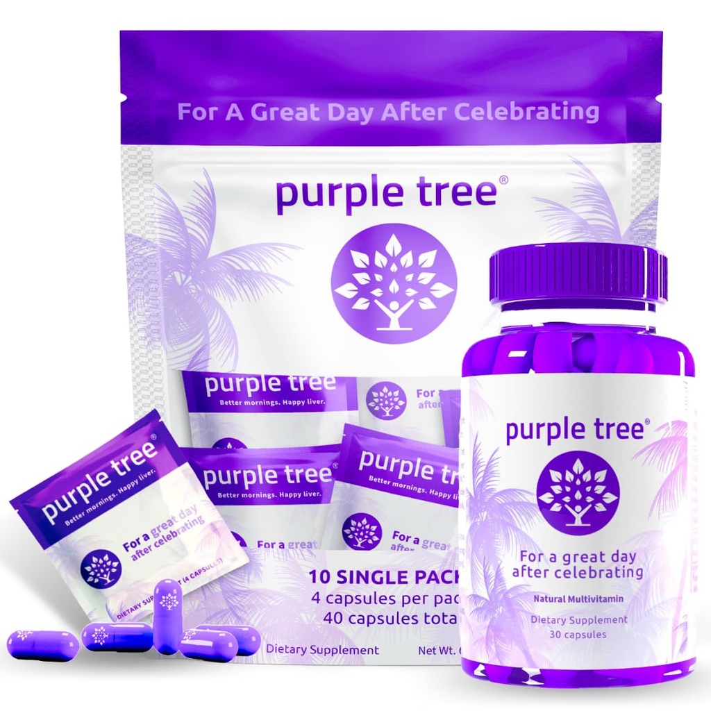 πορφυρό δέντρο μετά-γιορτή Wellness Bottle + Packet Kit Combo, Υποστήριξη ήπατος, ταχεία ενυδάτωση, Body Replenisher DHM Dihydromyricetin, Milk Thistle, Electrolytes, Vitamin B, Willow Bark, Quercetin