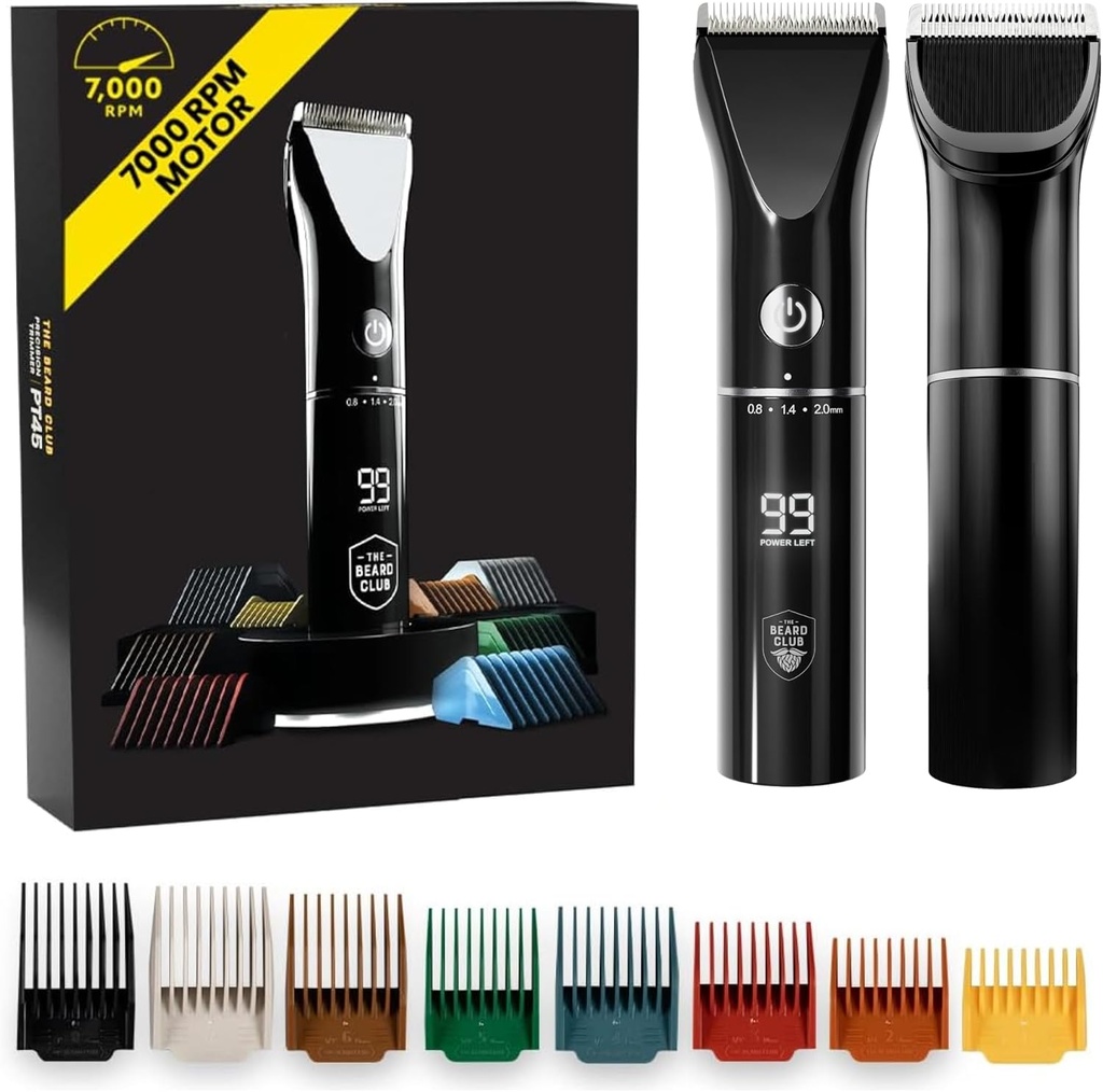 The Beard Club Beard Trimmer for Men - Ηλεκτρική μπαταρία επαναφορτιζόμενη γεννήτρια & τριχοφυΐα - Υψηλής ισχύος 7000 RPM - 8 έγχρωμες οδηγίες 45 Μοναδικές μήκος κοπής - Travel Lock