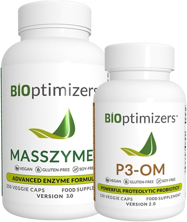 BiOptimizers - P3-OM and MassZymes Bundle - Premium Digestive Enzymes and Probiotics for Women and Men - Doctor-Formulated (250 MassZymes Capsules, 120 P3-OM Capsules)