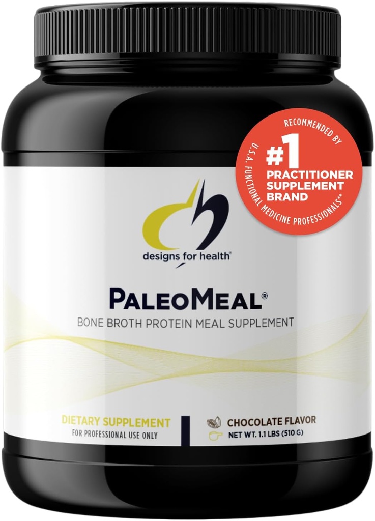 Designs for Health Pure PaleoMeal - Broth Protein Powder με 17g πρωτεΐνη, Αντικατάσταση γεύματος Ανακινήστε συμπλήρωμα διατροφής με Ενεργό Φολικό + Χηλικά Ορυκτά, Σοκολάτα (15 Σερβίρει / 510g)