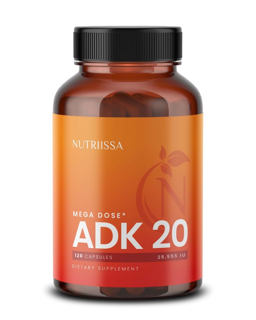 Nutriissa ADK 20 - Υποστήριξη για την Ανοσοποιητική & Οστική Υγεία με Βιταμίνες Α, D & K (25.000 IU) - 4-μηνη Προσφορά - EPEB Πιστοποιημένο για Καθαρότητα & Ικανότητα - 120 Κάψουλες Vegan