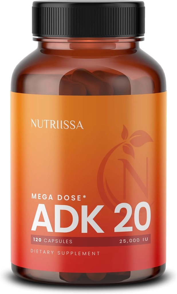 Nutriissa ADK 20 - Υποστήριξη για την Ανοσοποιητική & Οστική Υγεία με Βιταμίνες Α, D & K (25.000 IU) - 4-μηνη Προσφορά - EPEB Πιστοποιημένο για Καθαρότητα & Ικανότητα - 120 Κάψουλες Vegan