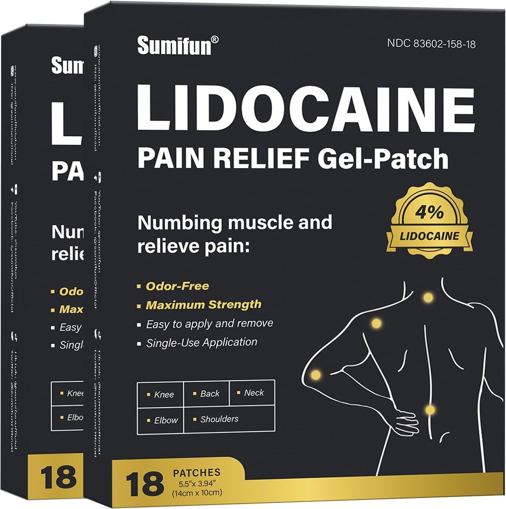 Sumifun 4% Lidocaine Pain Relief Patches - 36 Count Patches for Back, Shoulder, Muscle, Joints, Knee Pain Relief - Lower Back Pain Relief Products - Pain Patches Maximum Strength Lidocaine