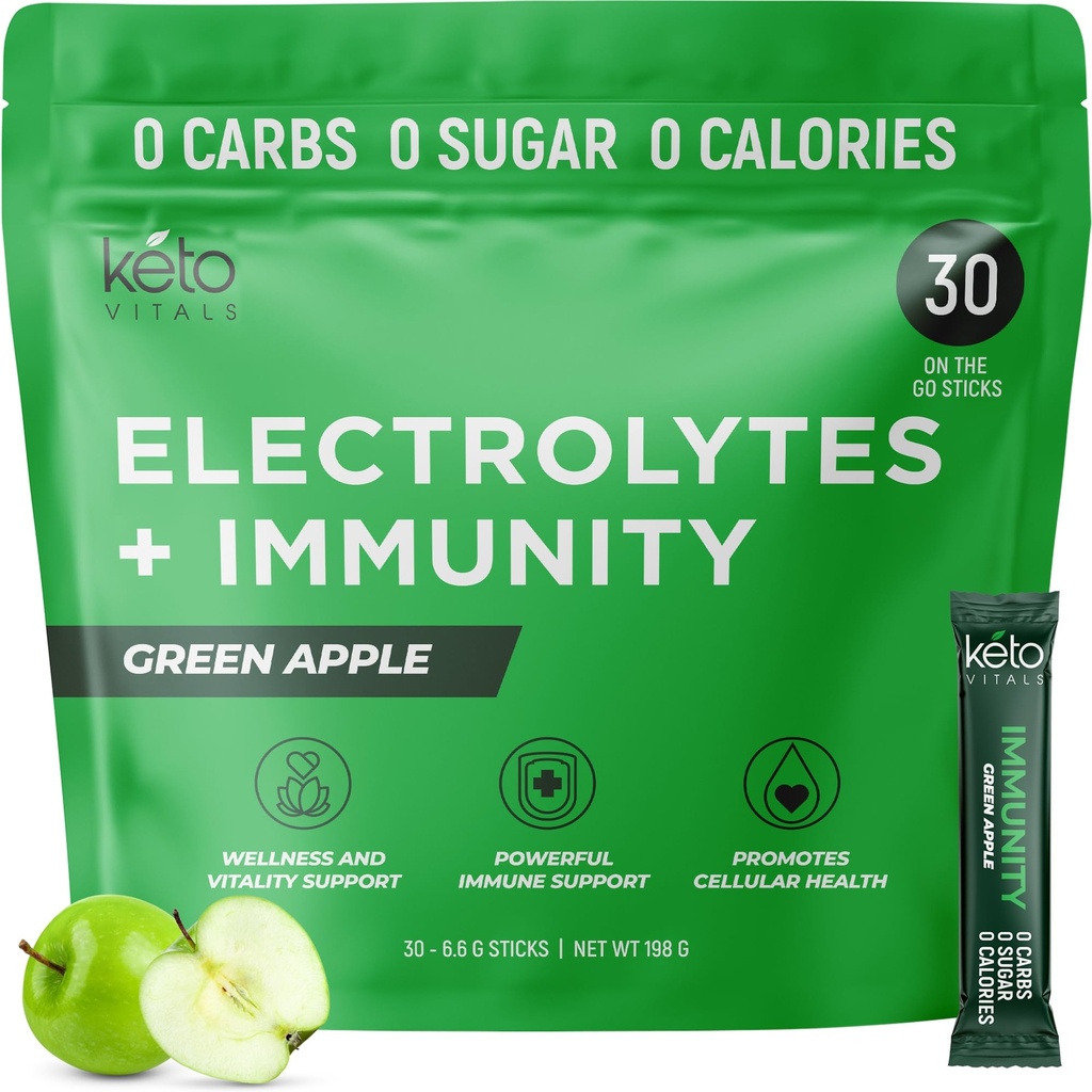 Keto Vitals Ανοσία Χωρίς ζάχαρη Ηλεκτρολυτές Σκόνη με βιταμίνη C, Ginger, Turmeric, & Elderberry - Ενισχύστε το ανοσοποιητικό σας σύστημα και ενυδατώστε το σώμα σας - Πράσινη Apple Γεύση, 30 Count