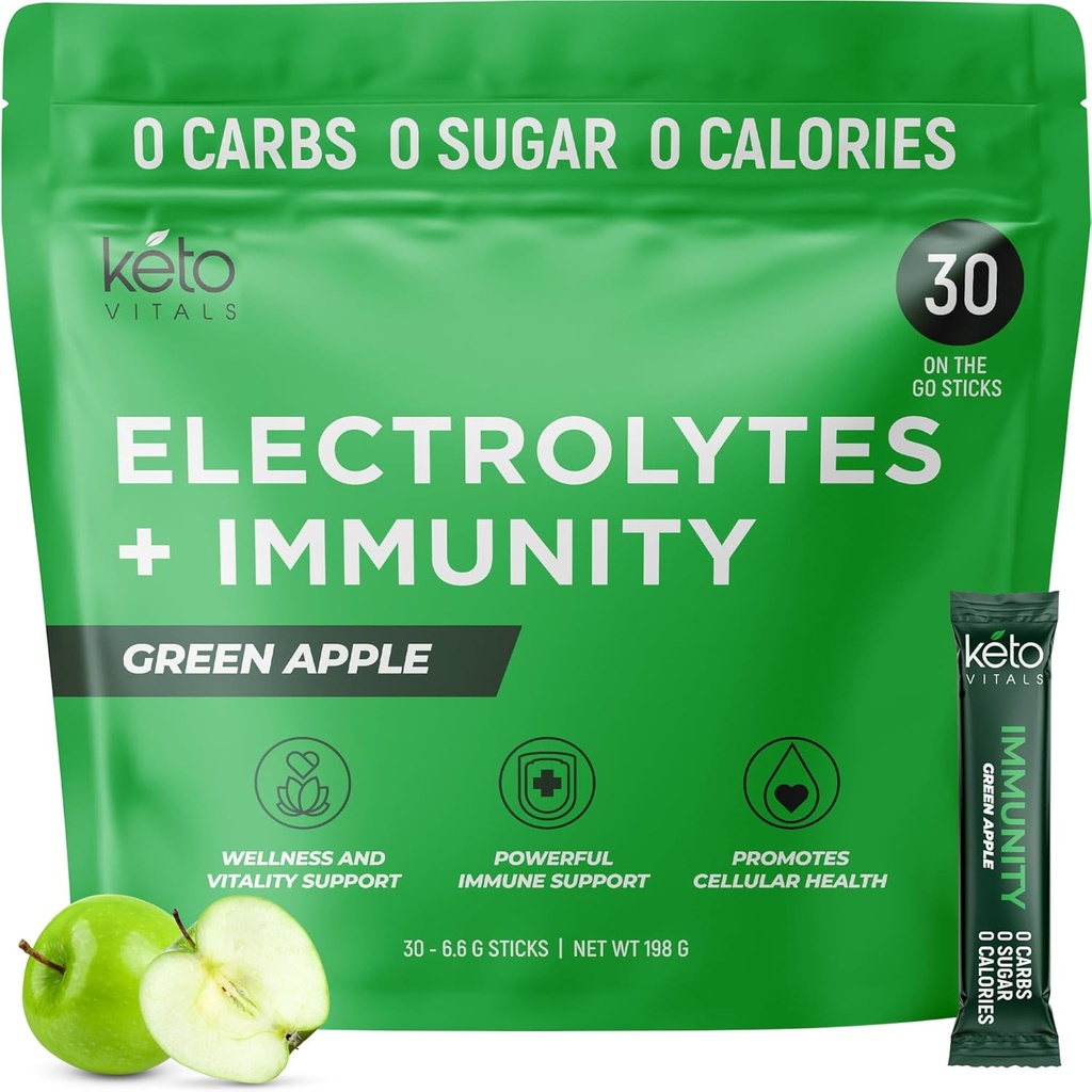 Keto Vitals Immunity Sugar Free Electrolytes Powder with Vitamin C, Ginger, Turmeric, & Elderberry - Boost Your Immune System and Rehydrate Your Body - Green Apple Flavor, 30 Count