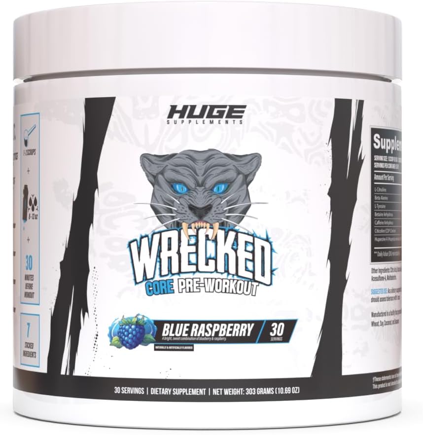 Wrecked Core - All-in-One Pre-Woorout Supplement for Men & Women, Increase Energy, Focus & Pumps with L-Citrulline, Beta-Alanine, L-Tyrosine & More (30 Services) - Μπλε Βατόμουρο