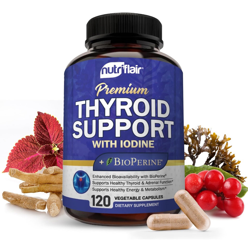 NutriFlair Thyroid Support Complex, 120 κάψουλες - με Ιώδιο, Μαύρο πιπέρι, Ashwagandha, Βιταμίνη B12 - Thyroid συμπλήρωμα για γυναίκες και άνδρες