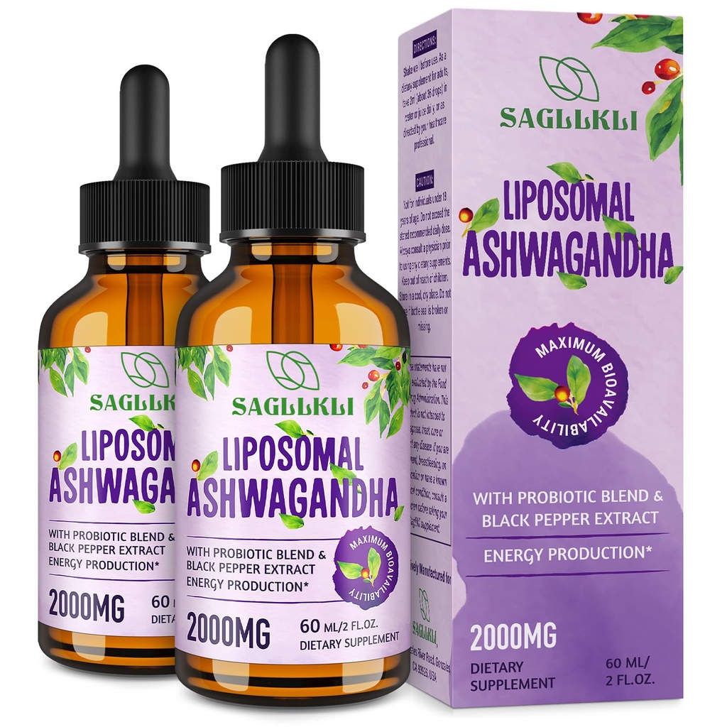 Liposomal Ashwagandha Liquid Drops 2000mg, Ashwagandha Root Extract Supplement (7% Withanolides) με Black Pepper Extract & Probiotics για Focus, Cognition & Energy - 4 FL.OZ (2 φιάλη)