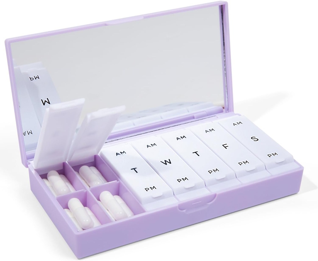 PORT X POLISH Designer Weekly Pill Box Organizer (AM/PM 2X Daily, Lilac) 