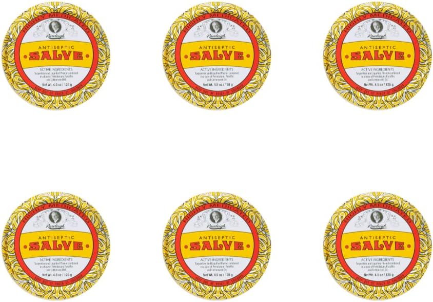 Rawleigh Αντισηπτική Salve Iconic Yellow Big Tin: 4.5 oz, Multi-Purpose Ointment Soothes Cuts, Μώλωπες, Ερεθισμοί, με Turpentine, Phenol, Cottonseed Oil & Paraffin, Original Formula - Συσκευασία των 6