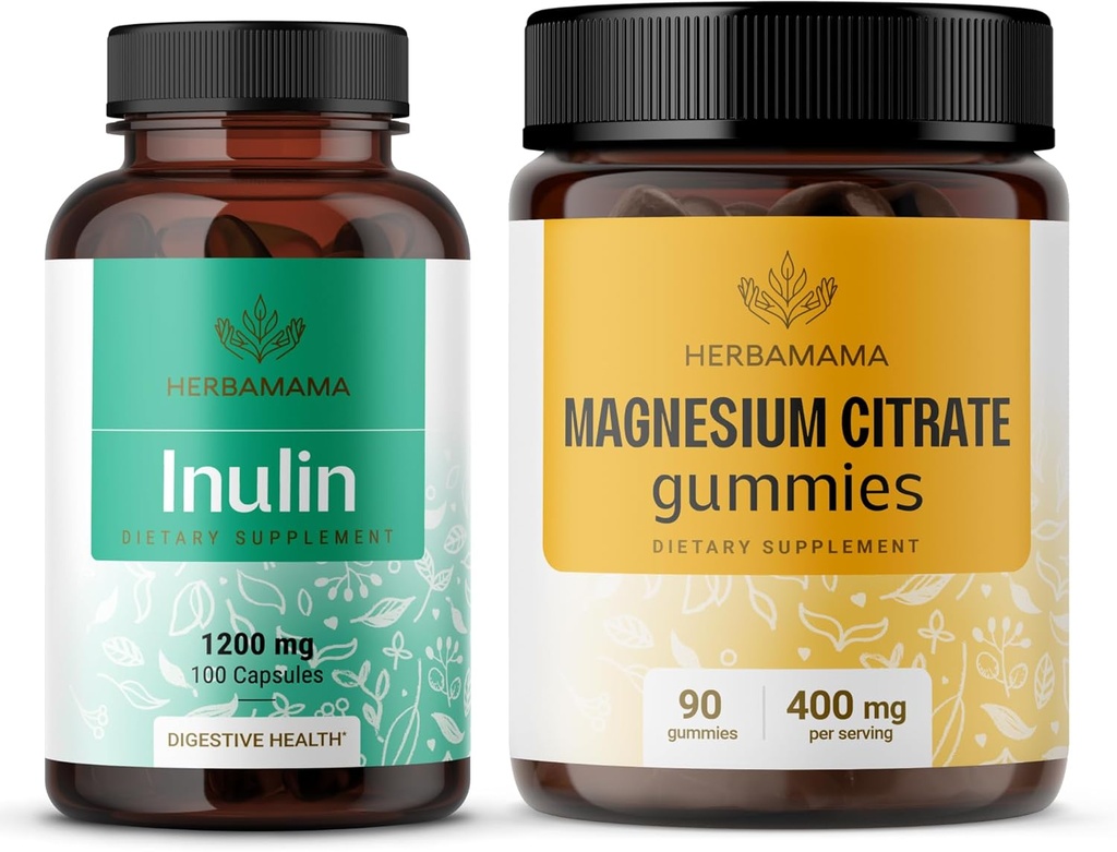 HERBAMAMA Inulin and Magnesium Kit - Συσκευασία των 1200 mg Inulin Fiber Κάψουλες & 400 mg Magnesium Citrate Gummies - Vegan, Non-GMO, Gelatinl- Free - 2 Pack