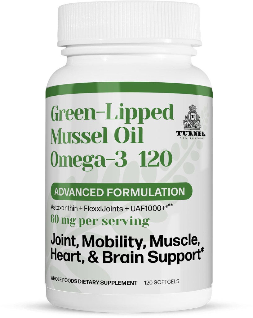 TURNER New Zealand Green Lipped Omega-3 Mussel Oil, 53x Higher Potency with UAF1000+ Super Antioxidant for Superior Joint Comfort & Mobility, No Fishy Aftresse, 1 Bottle, 120 Softgels