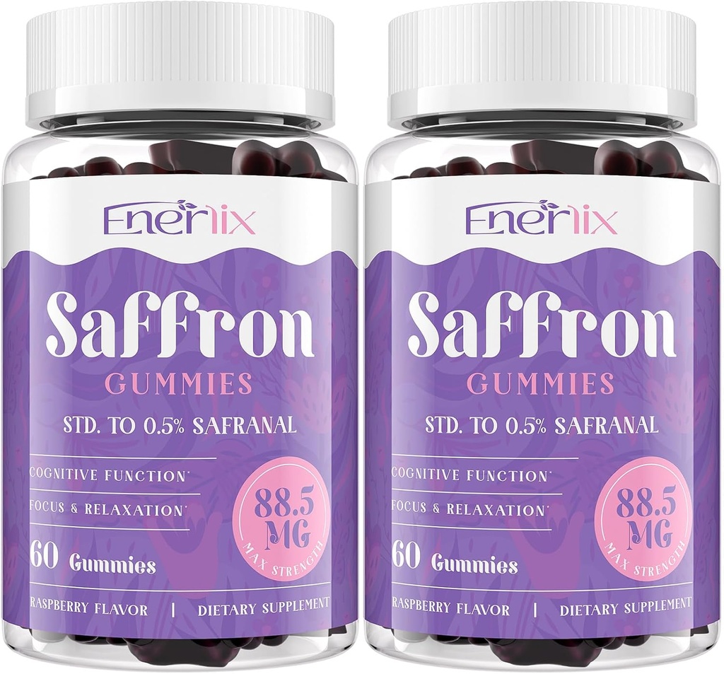 Saffron Gummies 88.5 mg with Magnesium, Max Strength Saffron Supplements with St. John’s Wort, GABA, Rhodiola, Rosemary & Passion Flower Extracts for Mood, Focus - 120 Servings