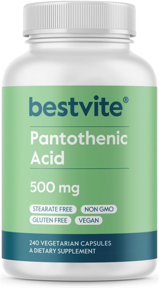 BESTVITE Pantothenic Acid 500mg (Βιταμίνη B5)(240 κάψουλες χορτοφαγικής) - Όχι Stearates - Όχι Ζελατίνη - Όχι Πυριτικό ασβέστιο - Vegan - Μη ΓΤΟ - Χωρίς γλουτένη