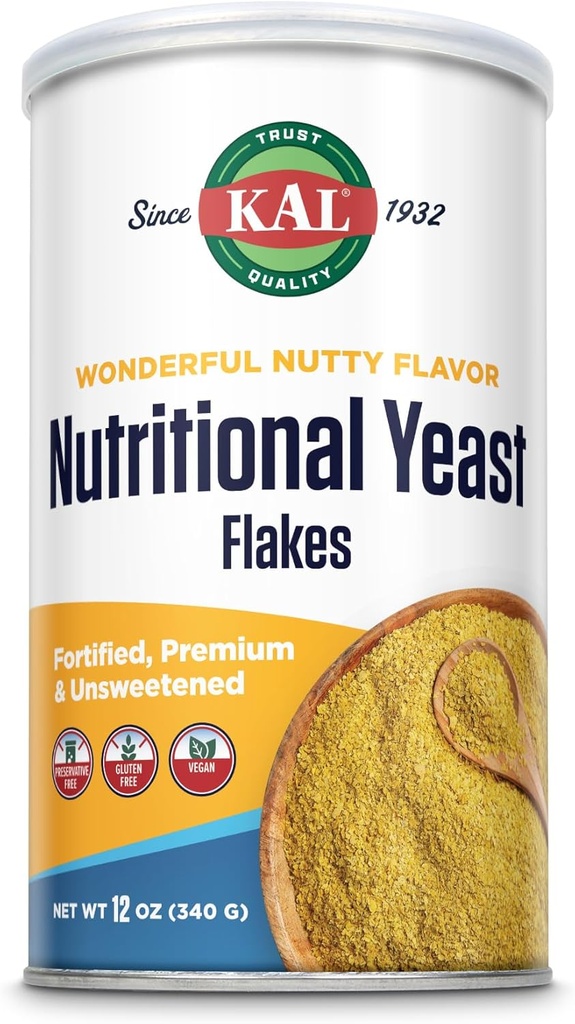 KAL Nutritional Yeast Flakes, Ενισχυμένο με B12, Folic Acid & Other B Vitamins, Unweated, Great Nutty Flavor, Vegan & Gluten Free, 60-Day Εγγύηση επιστροφής χρημάτων, Made in the USA, 34 Servings, 12oz
