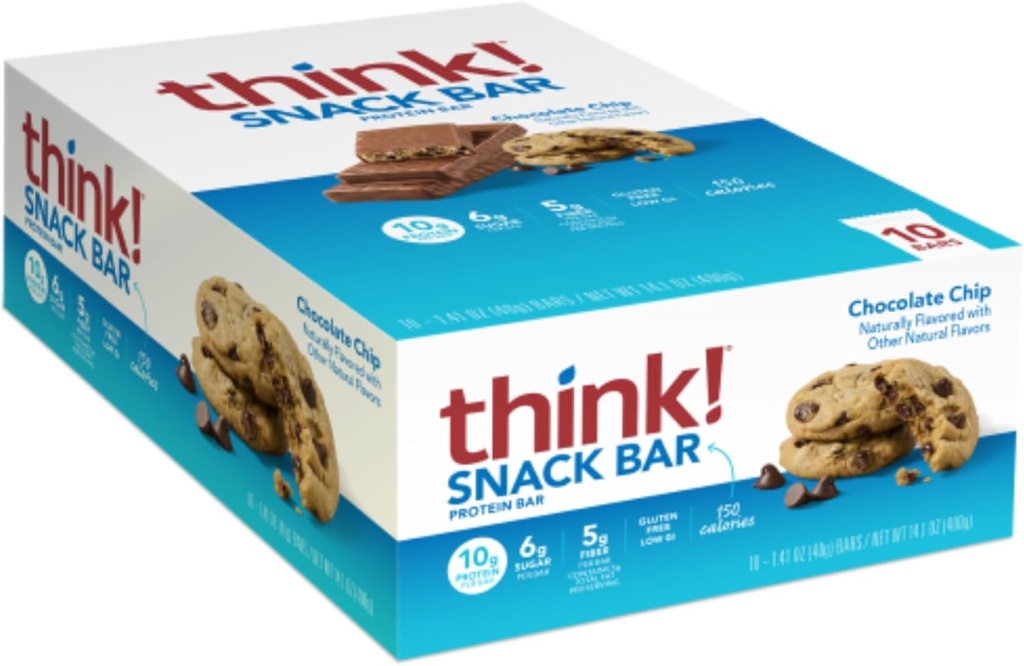 Σκέψου! Ράβδοι πρωτεΐνης με Chicory Root για Fiber, Digestive Support, Χωρίς γλουτένη με Whey Protein Isolate, Chocolate Chip, Snack Bars χωρίς τεχνητά γλυκαντικά, 1.4 Oz (10 Count)