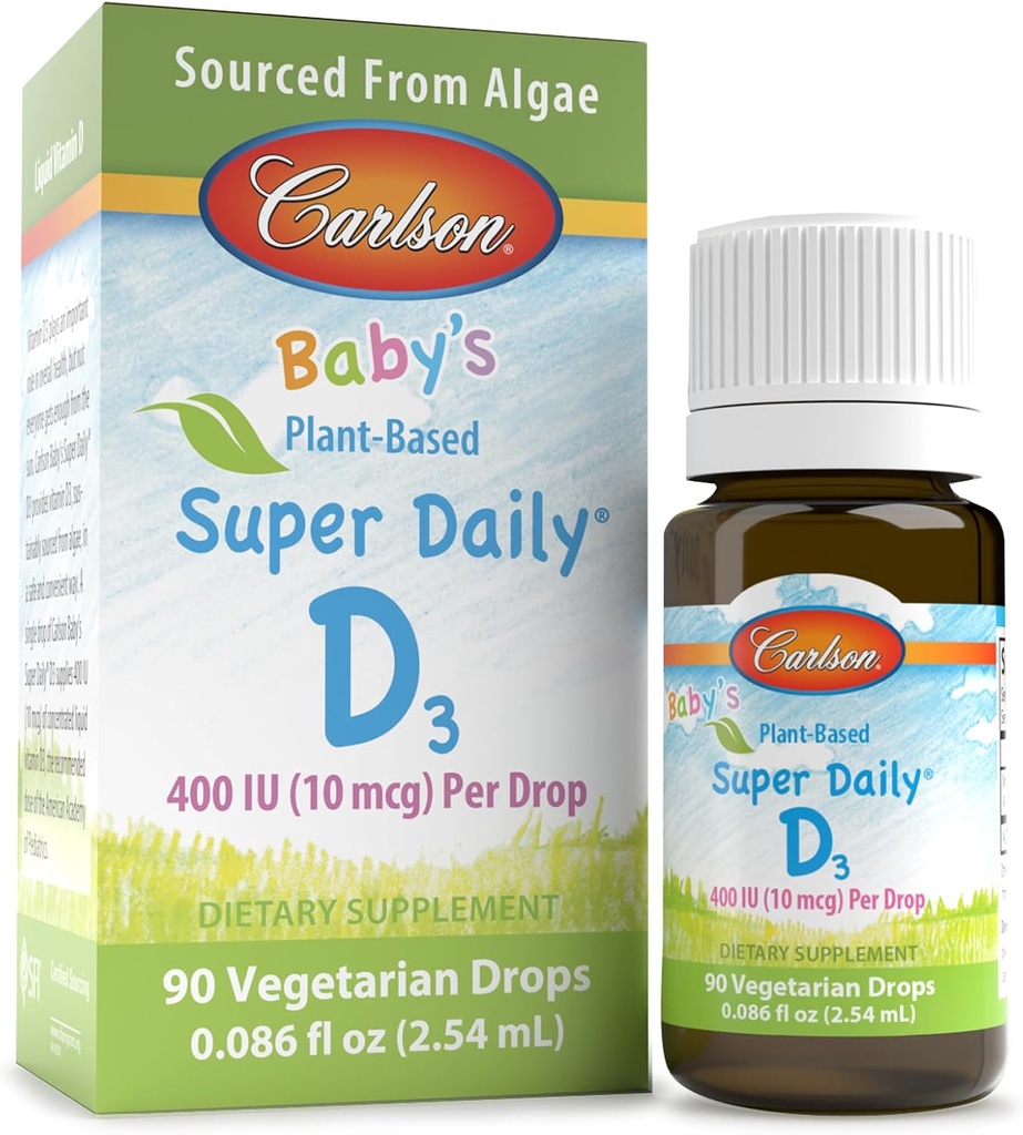 Carlson - Baby's Plant-Based Super Daily D3, Baby Vegetarian Liquid Vitamin D Drops, 400 IU (10 mcg) per Drop, Sourced from Algae, for Infants and Toddlers, Unflavored, 90 Drops (2.54 mL)