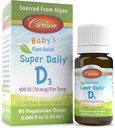 Carlson - Baby's Plant Based Super Daily D3, Baby Vegetarian Liquid Vitamin D D D D D D Drops, 400 IU (10 mcg) per Drop, πηγάζει από την άλγη, για Βρέφη και Τόντλερς, Άγευστη, 90 Drops (2,54 mL)