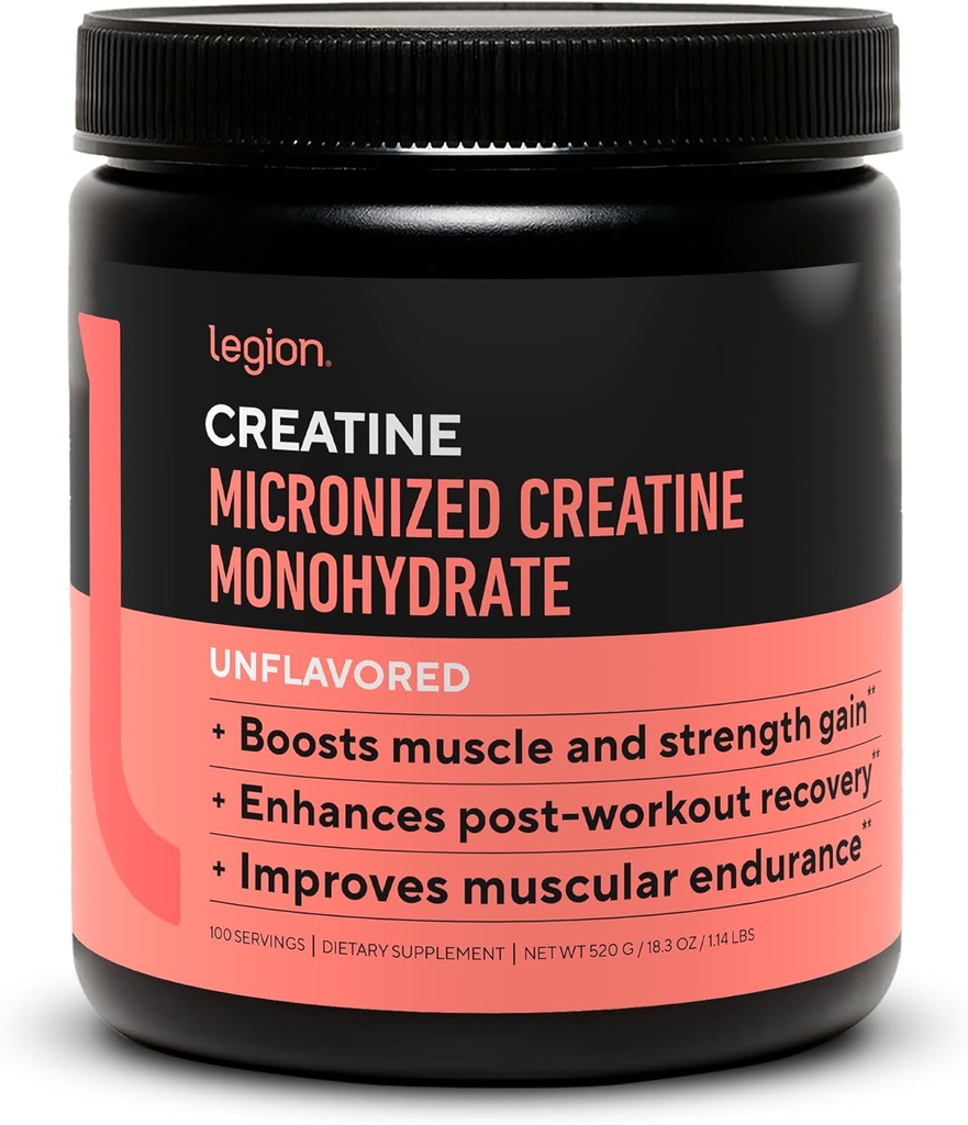 LEGION Micronized Creatine Monohydrate Supplement - Clean Creatine Powder for Muscle Gain & Post Workout Recovery - Micronized Creatine Supplement for Maximum Abvorvice (100 Servings, Unflaved)