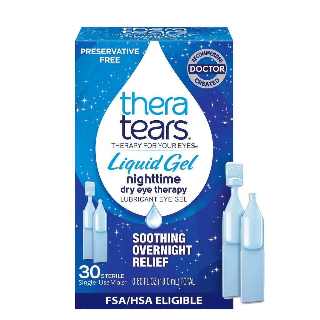 TheraTears Liquid Gel Nighttime Lubricating Eye Drops for Dry Eyes, Single-Use Vials, 30 Count