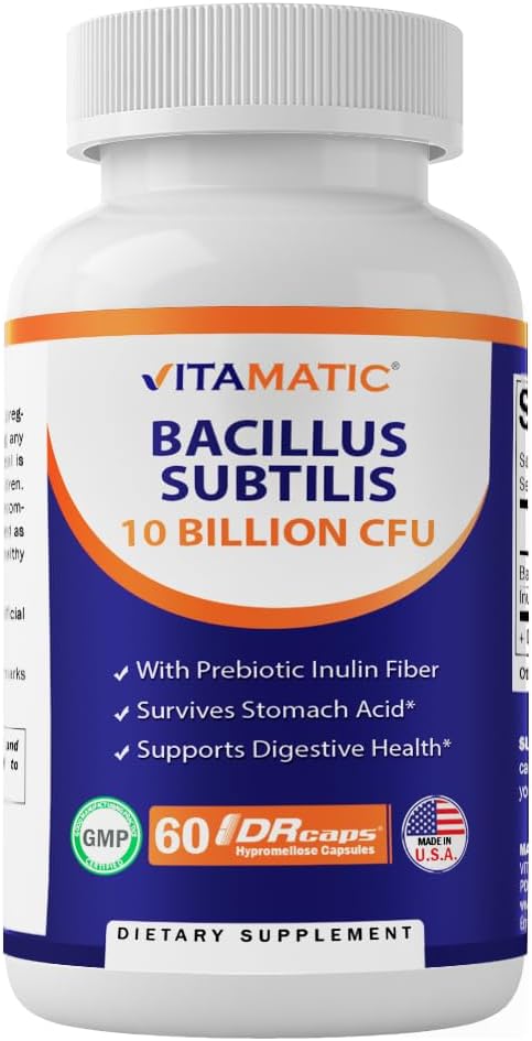 Vitamatic Bacillus Subtilis 10 Δισεκατομμύρια ανά καψάκιο DR - 60 Count - Digestive, Gut & Immune Health Support - Made with Prebiotic Inulin Fiber
