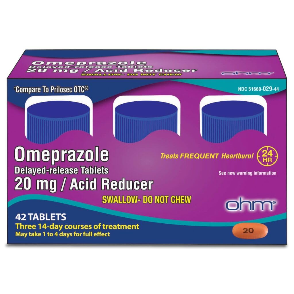 Ωμ Ομεπραζόλη 20mg, 42 Δισκία Καθυστέρησης- Ανάλυσης, Οξύ Μειωτικό για Συχνές Heartburn, 24ωρη Ανακούφιση Heartburn Ιατρική, Βοηθά Ανακουφίζει Στομάχι & Θώρακος Δυσφορία (6 εβδομάδες προσφοράς, 42, Κόμης)