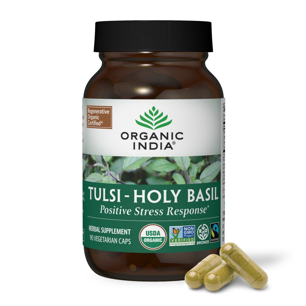 ORGANIC INDIA Tulsi Holy Basil Κάψουλες - εκχύλισμα Αγίου Βασιλείου - συμπλήρωμα φύλλων Αγίου Βασιλείου, συμπλήρωμα βοτάνων, υποστήριξη ανοσοποιητικού, ανακούφιση από το στρες, Vegan, χωρίς γλουτένη, Kosher, οργανικά, μη ΓΤΟ - 90 κάψουλες