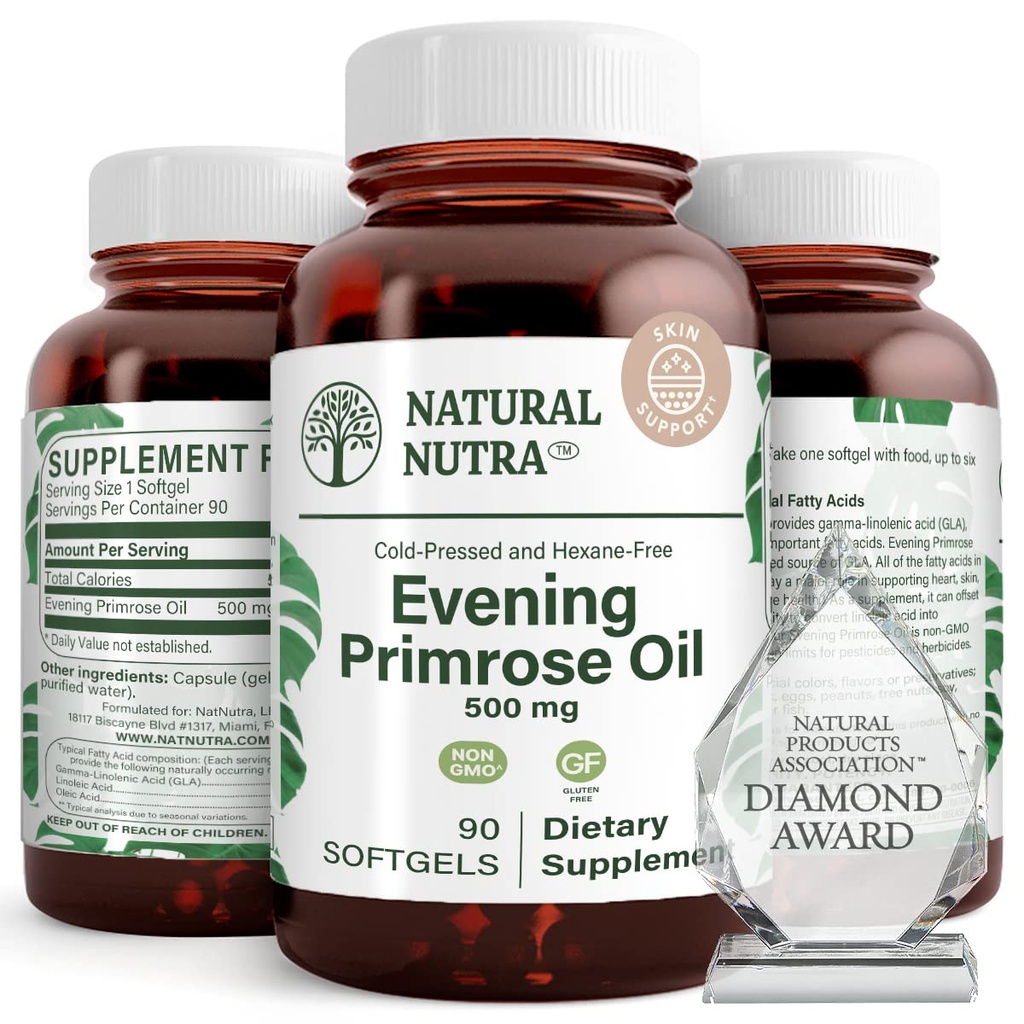 Natural Nutra Evening Primrose Oil Supplement from Faty Acid, Nerve Health, Helps Reduce Skin Blemishes, Balance Body Secretions, Promote Heart Health, Skin Clarity, 500 mg, 90 Softgels