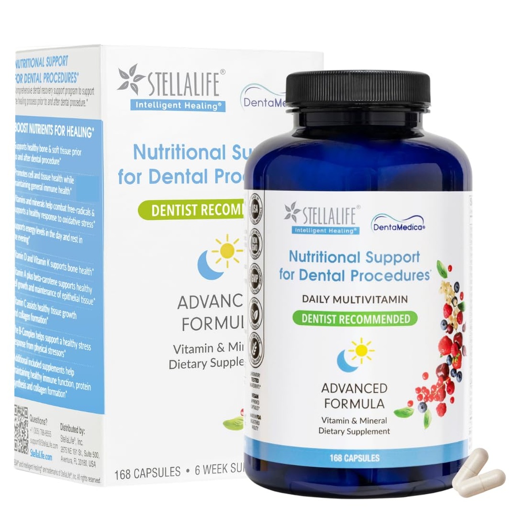 StellaLife DentaMedica Vegan Καθημερινή Πολυβιταμίνη Διατροφική Υποστήριξη για την ταχύτερη Οδοντιατρική Χειρουργική Ανάκτηση, VIT D3 K2 C B Ψευδάργυρος CoQ10 Μαγνήσιο, υγιή οστά & τσίχλες, μη GMO, GMP ΗΠΑ, 168 κάψουλες