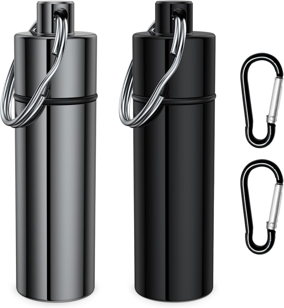 Small Pill Box,(2 Pack+2*Carabiner Clips) Keychain Pill Holder Portable Mini Travel Pill Container Metal Case Bottle with Keyring