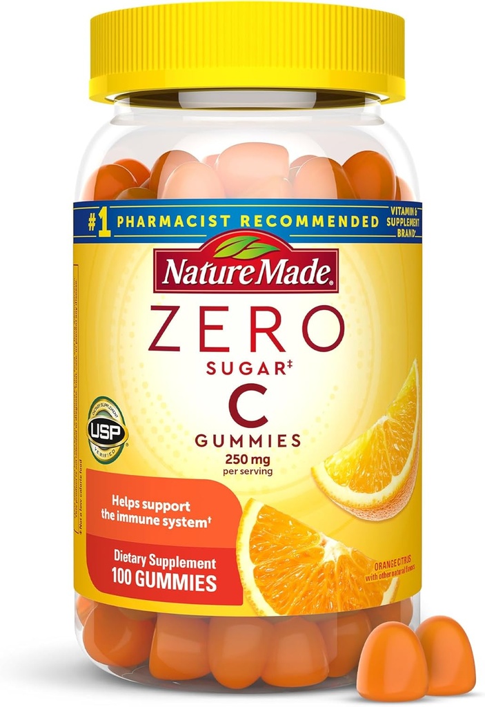 Nature Made Zero Sugar Vitamin C Gummies 250 mg per Serving, Immune & Antioxidant Support, Aspartame Free, 100 Sugar Free Gummies, 50 Day Supply
