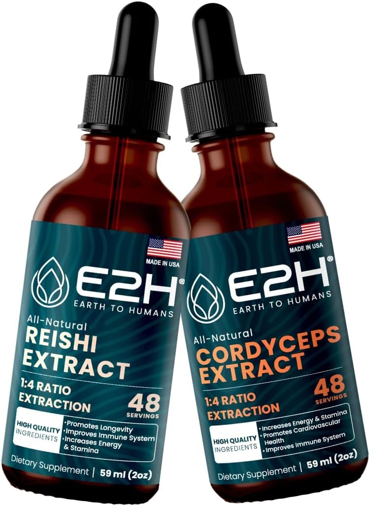 E2H: Εκχυλίσματα Reishi & Cordyceps - Ενέργεια, μακροζωία, ενέργεια, Σταμίνα & Ανοσολογική Υποστήριξη - Μη ΓΤΟ, Vegan - 2 Fl Oz Κάθε (4 Fl Oz Total) - Bundle
