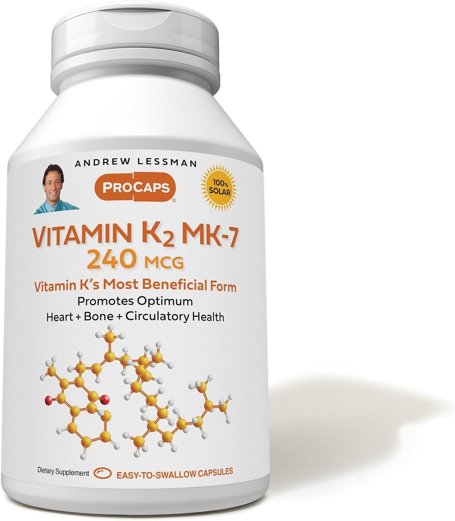 ANDREW LESSMAN Vitamin K2 MK7 240 mcg 60 Softgels - Essential for Healthy Calcium Utilization, Promotes Optimum Skeletal, Heart and Arterial Health. No Additives. Small Easy to Swallow Softgels