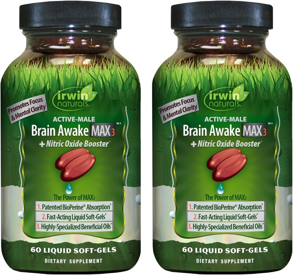Irwin Naturals Brain Ξύπνα Max3 + Nitric Oxide Booster - 60 Liquid Soft-Gels, Πακέτο 2 - Υποστήριξη Εγκεφαλική Υγεία & Βελτιστοποίηση Απόδοση - 40 Σύνολο Υπηρεσίες