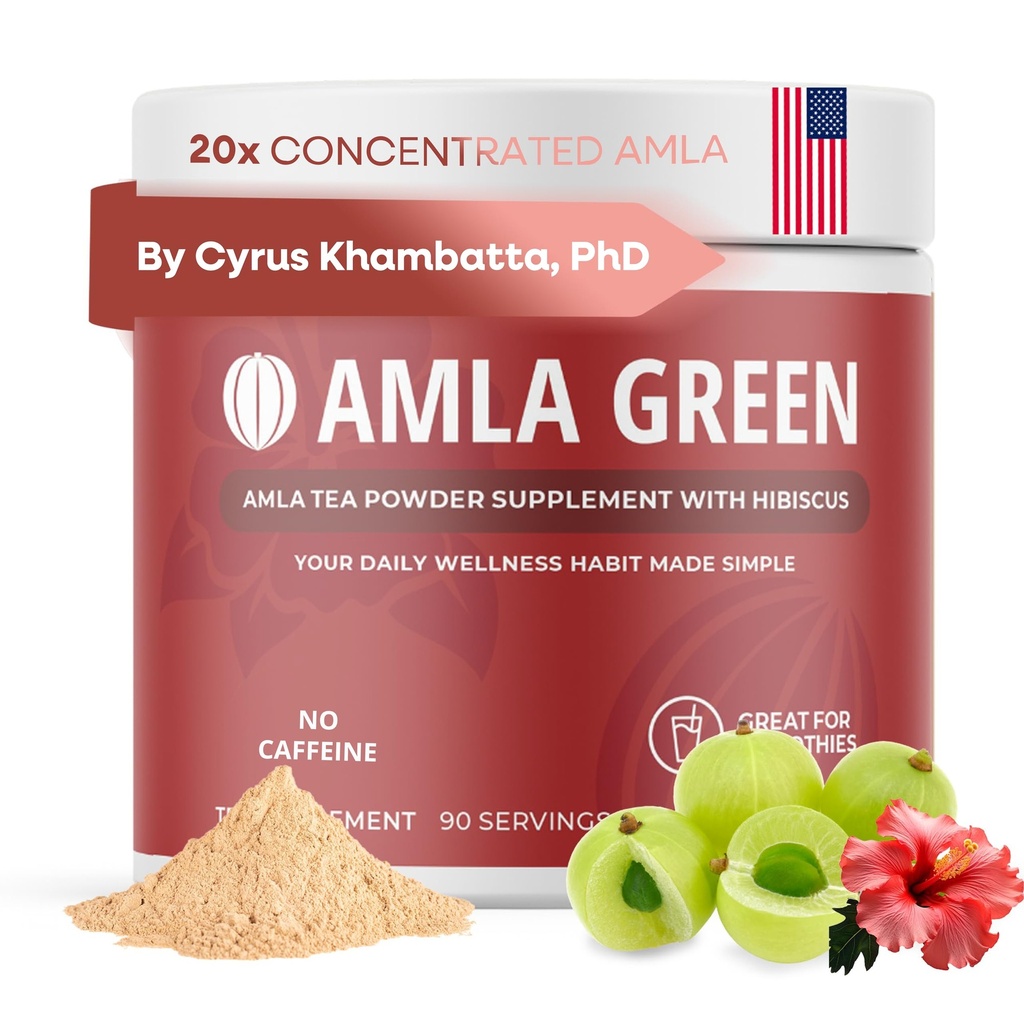Amla Powder & Green Tea Superfood Supplement with Hibiscus, 20x Ultra συμπυκνωμένο Amla, Αντιοξειδωτική Υποστήριξη, Made with Oolong Tea and Indian Gooseberries, Organic, Vegan, Hibiscus, 90 Services