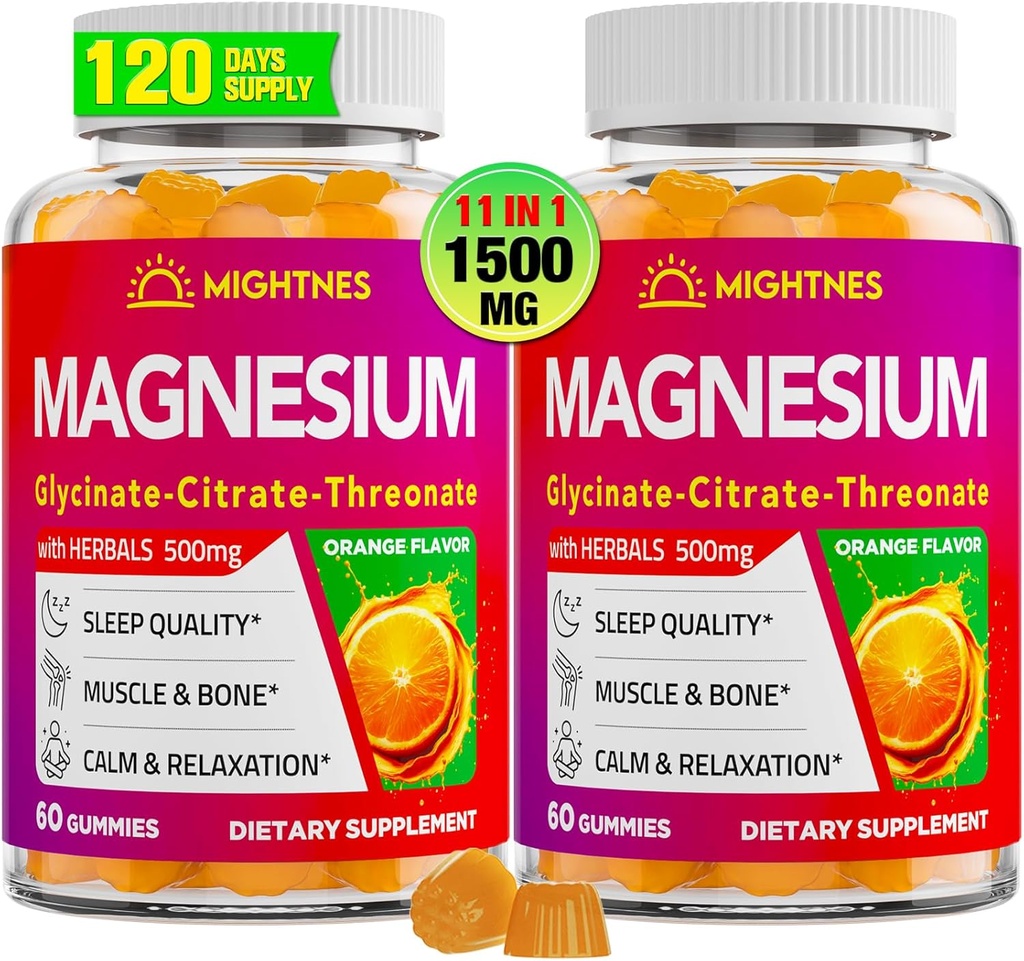 Μαγνήσιο Gummies για ενήλικες με γλυκινικό, κιτρικό & l-θρεονικό, Ashwagandha, Τρίκλινο σύμπλοκο μαγνησίου υψηλής απορρόφησης για ξεκούραση, χαλάρωση, μύες, οστά - 120 Gummies