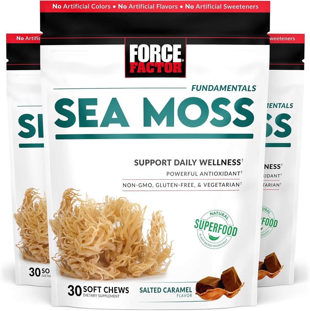 FORCE FACTOR Sea Moss Soft Chews, Ανοσία υποστήριξης, Digestion, και Heart Health, Irish Sea Moss Superfood & Antioxidants Supplement, Non-GMO, Χωρίς γλουτένη, Αλατισμένο Caramel Flavor, 90 Μαλακά Chews, 3-Pack