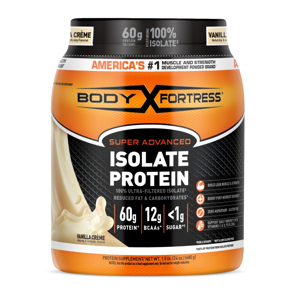 Body Fortress 100% Ultra-Filtered Isolate Protein Powder, Vanilla, 1.5lbs | 60g Protein & 12g BCAAs Per 2 Scoops, Muscle Gain & Recovery, Immune Support with Vitamins C & D