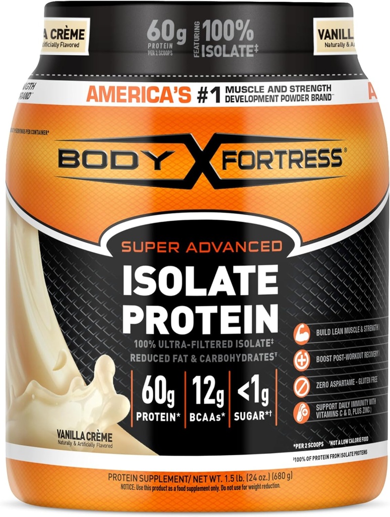 Body Fortress 100% Ultra-Filtered Isolate Protein Powder, Vanilla, 60g Protein & 12g BCAAs Per 2 Scoops, Muscle Gain & Recovery, Immune Support with Vitamins C & D, 1.5lbs,Packaging May Vary