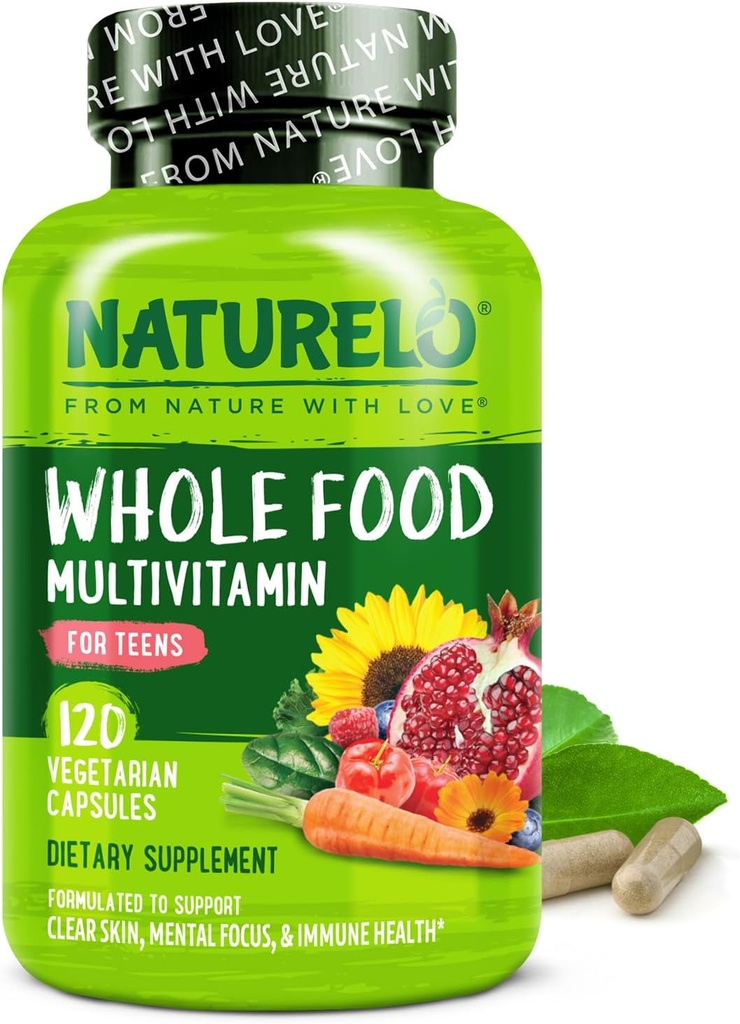 NATURELO Πολυβιταμίνες για έφηβα κορίτσια/αγόρια, 120 κάψουλες, ολόκληρα τρόφιμα πολυβιταμίνη με ορυκτά, μη ΓΤΟ, χορτοφάγους