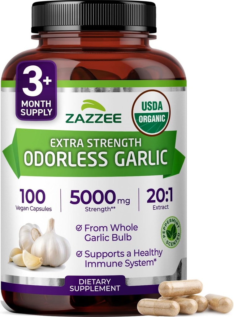Zazzee USDA Organic Odorless Σκόρδο 20:1 Extract, 5000 mg Δύναμη, 100 Vegan Κάψουλες, 3+ Μήνες Προμήθεια, Τυποποιημένο, Συμπυκνωμένο εκχύλισμα 20X, 100% Χορτοφαγικά, Όλα-Φυσικά, Μη-ΓΤΟ, Κατασκευασμένο στις ΗΠΑ