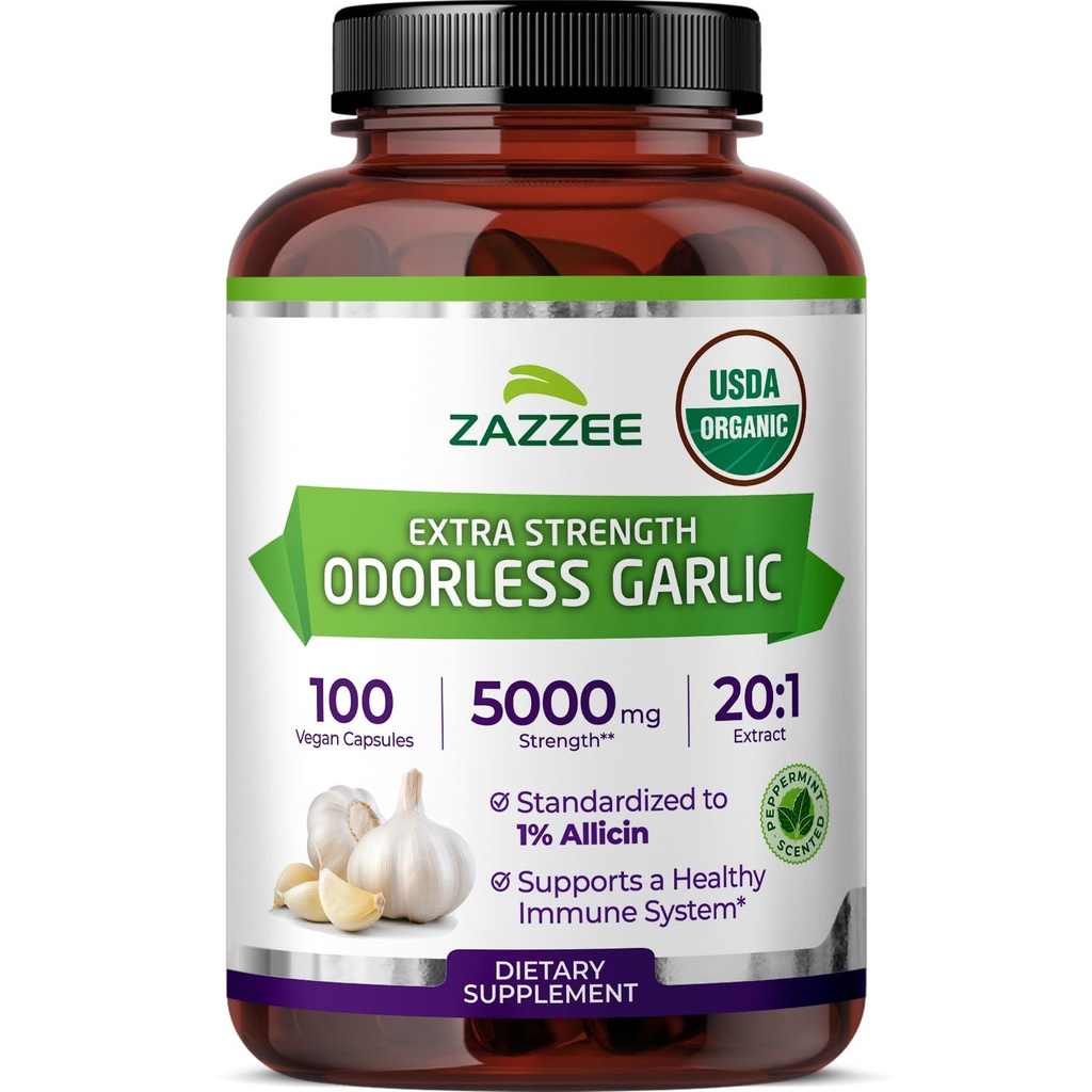 Zazzee USDA Organic Odorless Σκόρδο 20:1 Extract, 5000 mg Δύναμη, 100 Vegan Κάψουλες, 3+ Μήνες Προμήθεια, Τυποποιημένο, Συμπυκνωμένο εκχύλισμα 20X, 100% Χορτοφαγικά, Όλα-Φυσικά, Μη-ΓΤΟ, Κατασκευασμένο στις ΗΠΑ