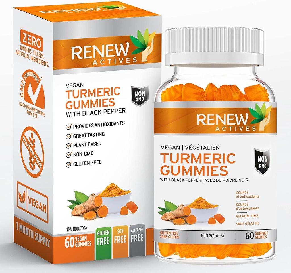 RENEW ACTIVES Vegan Turmeric 130MG per 2 Gummies with Black Pepper for Enhanced Absorption – Antioxidant Support & Immune Health – Great Tasting, Easy-to-Swallow Supplement, Made in Canada– 60 Gummies