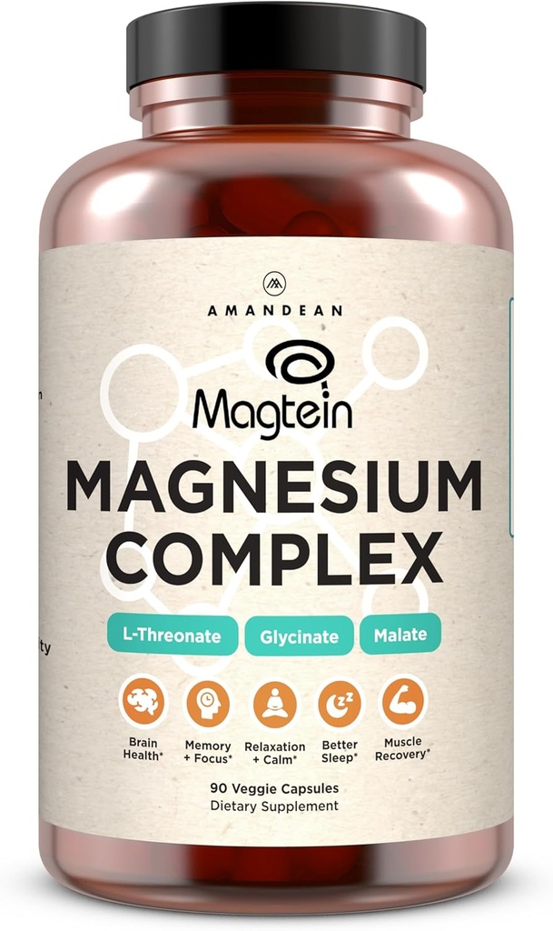 AMANDEAN Magtein Magnesium Complex. L-Threonate, Glycinate, Malate Triple Blend Chelated Magnesium Supplement. 90 Veggie Capsules. High Absorption Branded Ingredients. Brain Health, Sleep, Calm*.