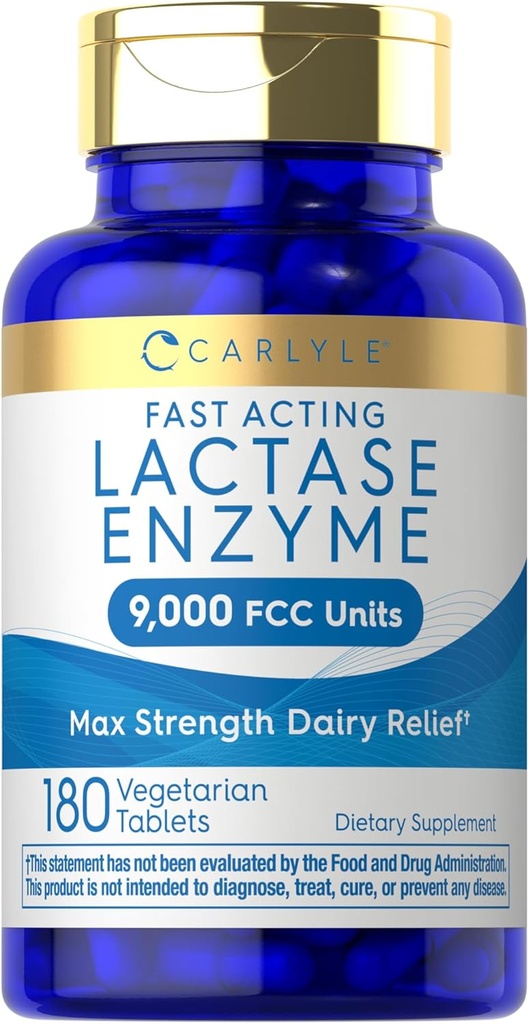 Carlyle Lactase Enzyme Pills 9000 FCC | 180 Tablets | Fast Acting Dairy Relief Supplement | Max Strength Support | Non-GMO, Gluten Free