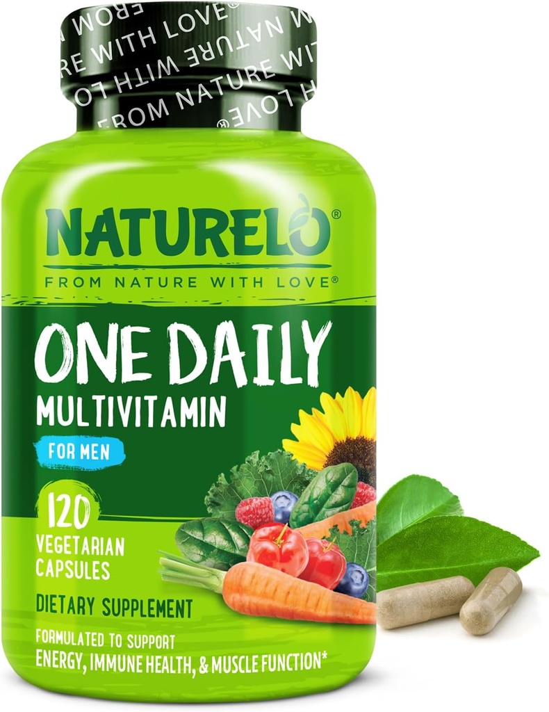 NATURELO Mens Multivitamins - Μία καθημερινή πολυβιταμίνη για άνδρες με βιταμίνες, ορυκτά & οργανικά ολόκληρα τρόφιμα, Boost Energy & Health, Non-GMO, 120 κάψουλες χορτοφάγων
